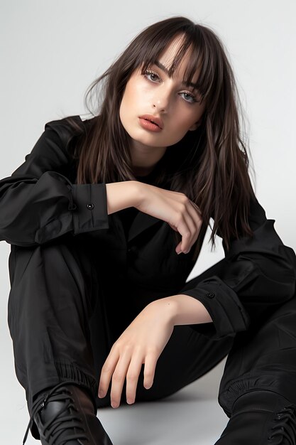 Model posing in studio model in black coat and shoes