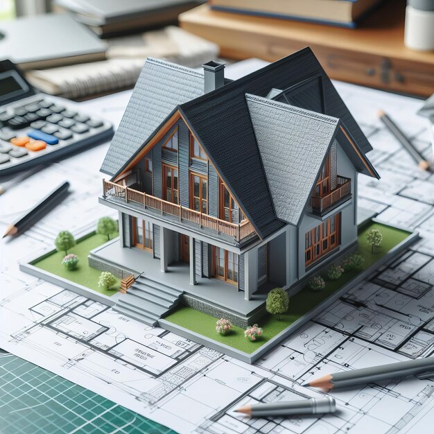 Photo model of a private house on a sheet of paper with a construction project