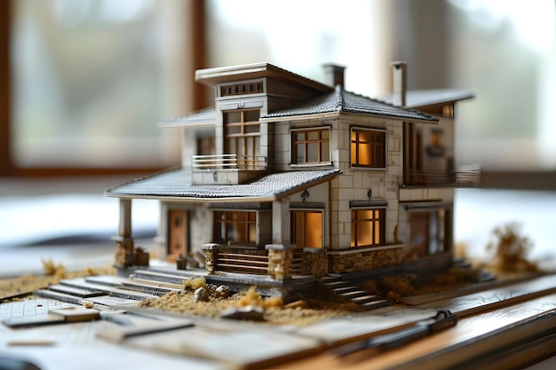 Photo model of a private residential building on the table of an architect and designer