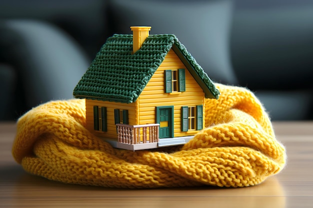 Foto modello di una casa privata residenziale a maglia colorata con una sciarpa calda sul tavolo il concetto