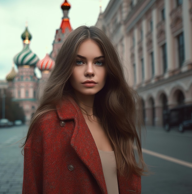 A model in a red coat stands in front of a building with a red roof