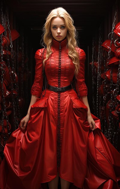a model in a red dress with a red dress and a black belt