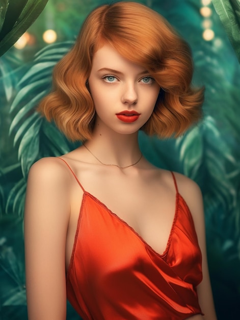 A model in a red dress with a red lips and a gold necklace.