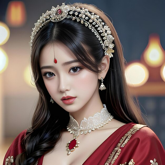 a model in a red sari with a gold necklace.