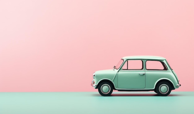 写真 ピンクの桃色の背景のレトロ玩具車モデル コピースペースのミニカー