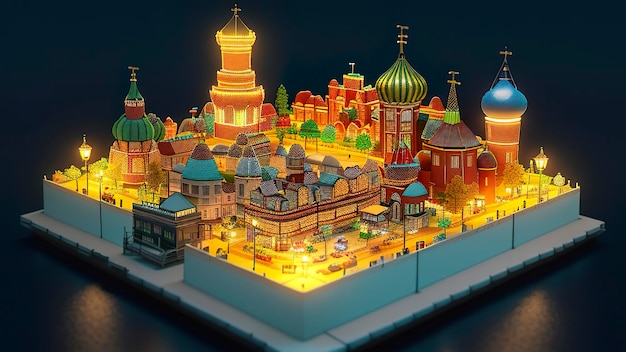 A model of a russian cathedral with a lit up light on it.