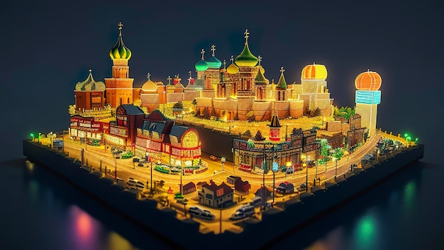 A model of a russian city with a lit up building.