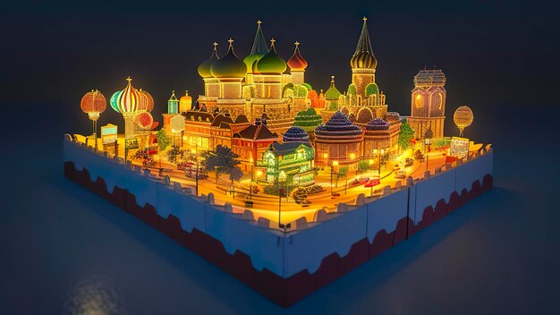 A model of a russian city with a lit up church