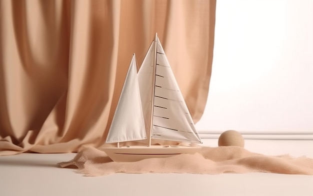 A model of a sailboat sits on a table next to a curtain.