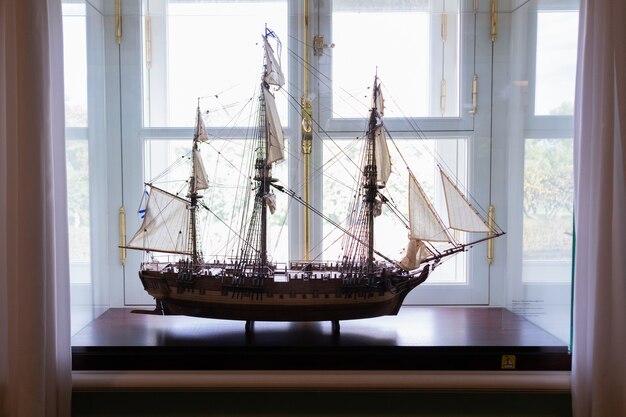 Photo model of sailing ship in the museum at the window