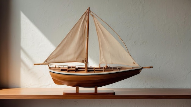 Model sailing ship on wooden cabinet