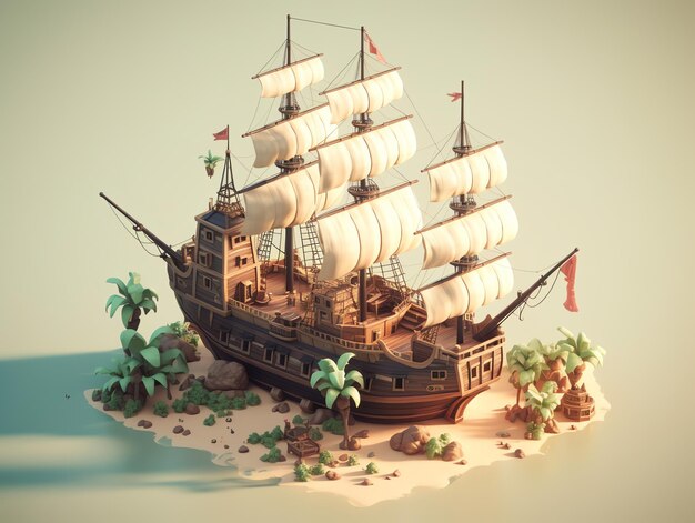 A model ship with a few palm trees on it