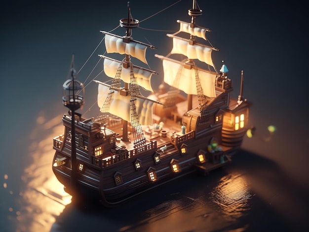 Photo a model ship with lights on the sails