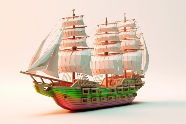 A model of a ship with a rainbow colored hull.
