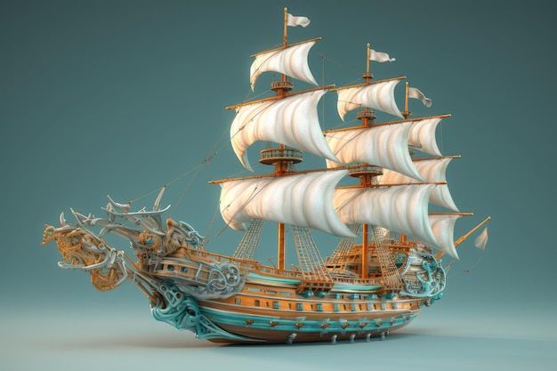 A model of a ship with white sails and a dragon on the tail.