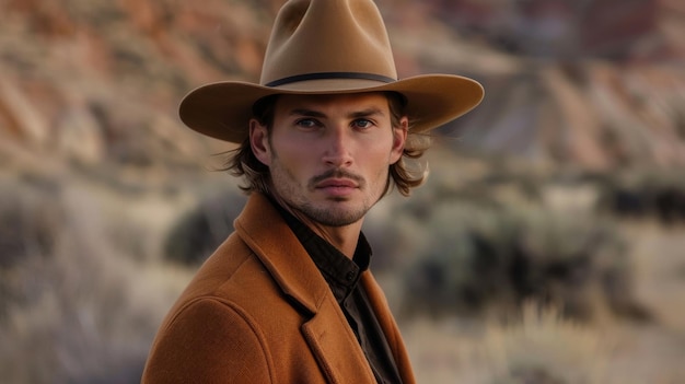 Photo model showcases a modern take on the iconic cowboy hat with a sleek and structured design that adds