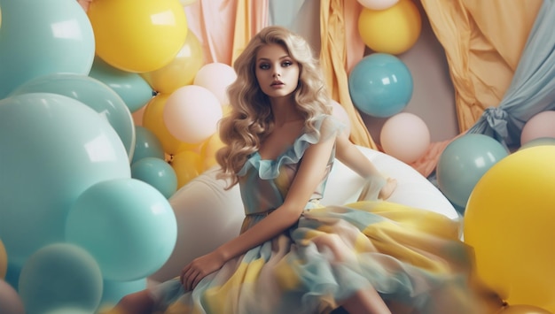 A model sits in a room full of balloons