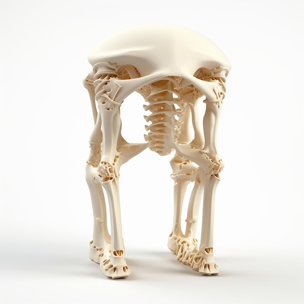 A model of a skeleton with the legs up and the bottom of the leg is white.