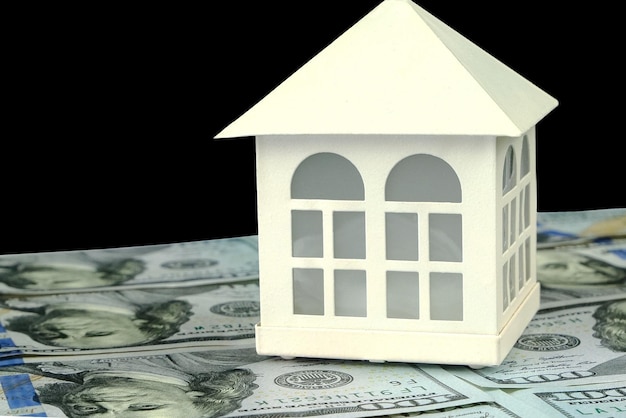 Photo model of small family house standing on background of dollars banknotes cut out selective focus