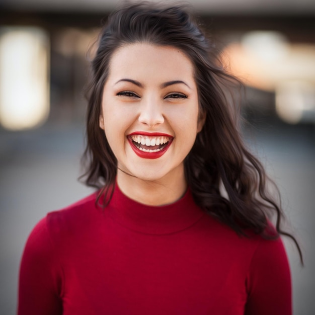 model smiling face with red wearing dress