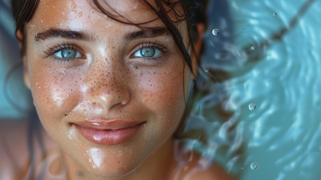 Model Spa Woman with splashes of water Beautiful smiling girl with fresh skin over blue background Skin care cleansing and moisturizing concept