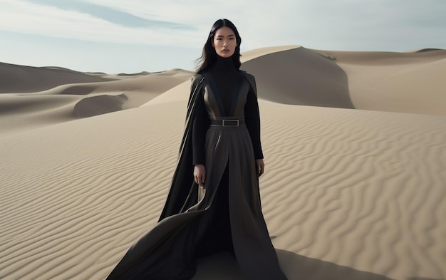 Фото Модель стоит в пустыне в дизайнерском платье