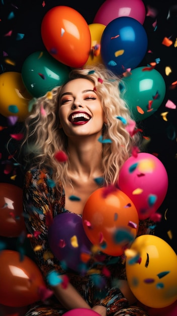 A model surrounded by an explosion of colorful balloons or confetti generative ai