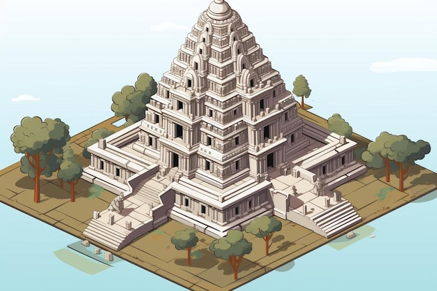 a model of a temple with trees and bushes.