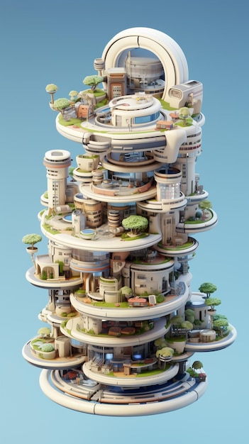 a model of a tower with a tree and a house on the top.