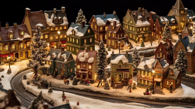 A model of a town with a christmas tree in the middle.