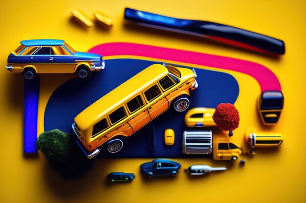 Model toy car and word summer made of colorful letters on yellow background