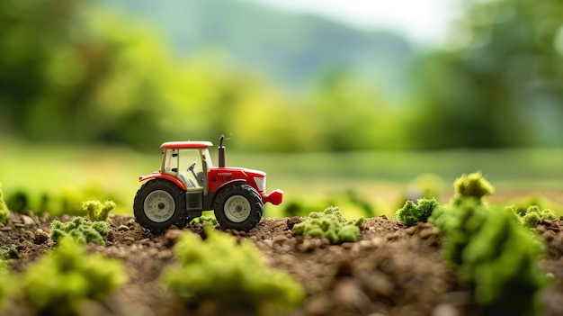 Model tractor op een miniatuurboerderij Een boeiende scène met voldoende kopieerruimte