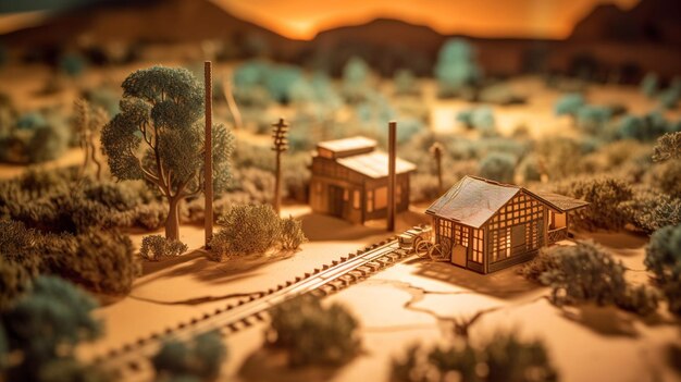 A model of a train station with a forest and a house.