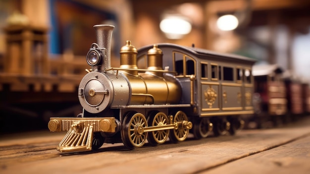 A model train with a gold plated logo on it.