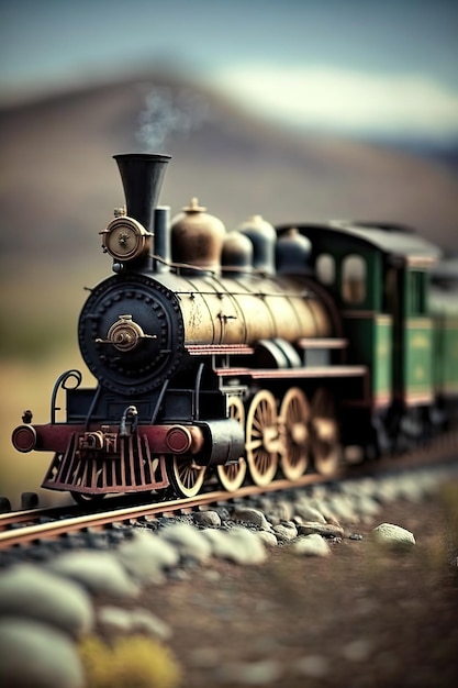 A model train with a smoke coming out of the top.