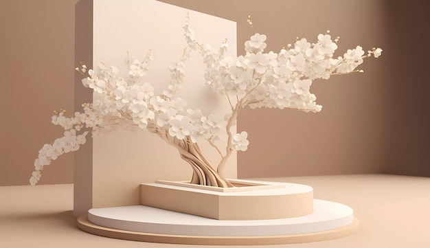 A model of a tree in a pot with a white flower on it.