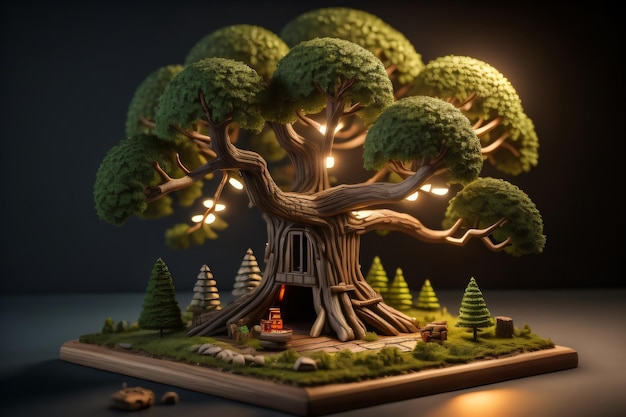 A model of a tree with a campfire in the middle