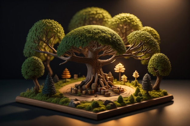 A model of a tree with a light on it