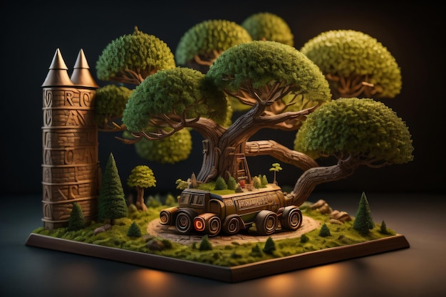 A model of a tree with a train on it