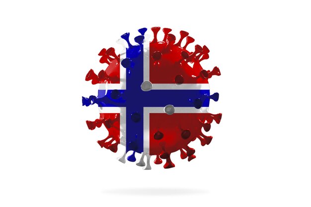 Model van COVID-19 coronavirus gekleurd in de nationale vlag van Noorwegen, concept van pandemische verspreiding, geneeskunde en gezondheidszorg. Wereldwijde epidemie met groei, quarantaine en isolatie, bescherming.