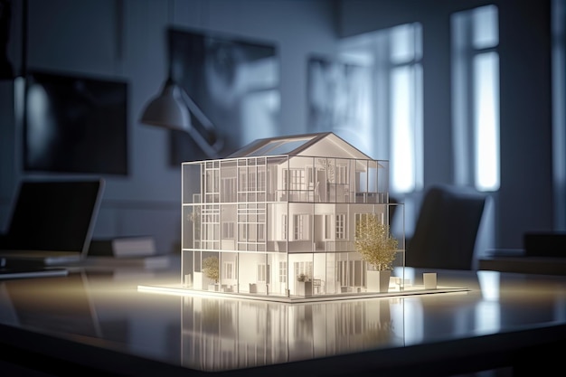 Model van een huis op de tafel van een huisontwerper vastgoedconcept Ai generatief