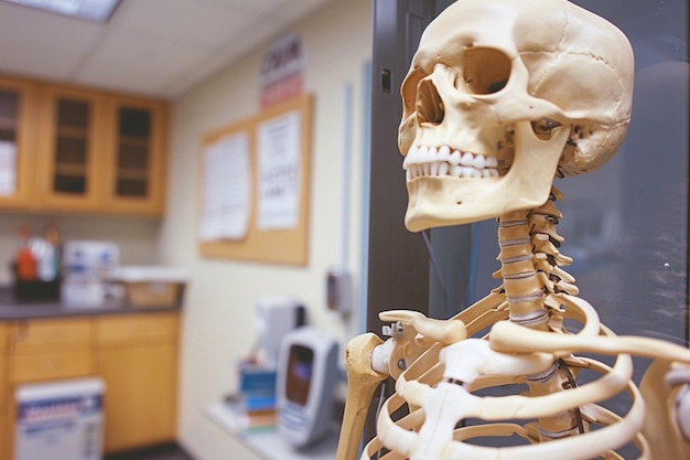 Model van een menselijk skelet in een anatomische of orthopedische afdeling