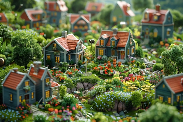 Model van een tuin met meerdere huizen
