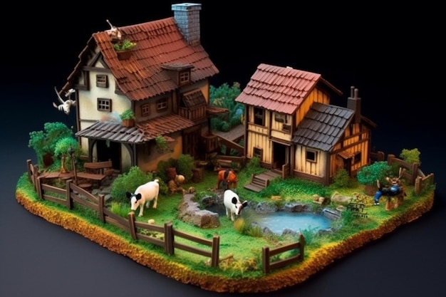 Model van het dorp in een glazen schaal op een zwarte achtergrond