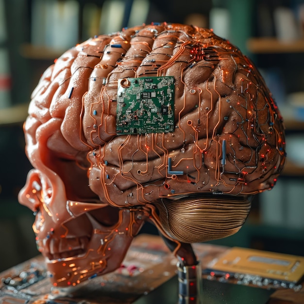 Foto model van het menselijk brein met elektronische onderdelen
