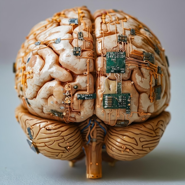 Model van het menselijk brein met elektronische onderdelen