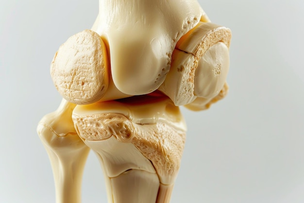 model van het menselijke kniegewricht met de botstructuur en het kraakbeen geïsoleerd op witte achtergrond