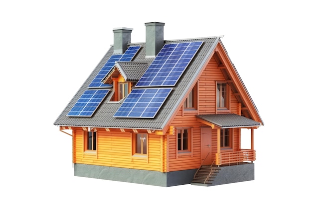 Model van huis met zonnepanelen op het dak geïsoleerd op witte achtergrond