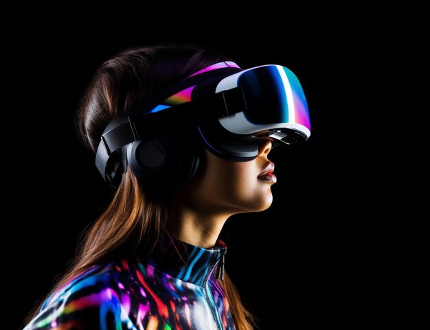 Model vrouw gezicht portret virtuele futuristische neon bril mode cyber digitaal