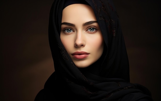 Model vrouw in zwarte hijab AI